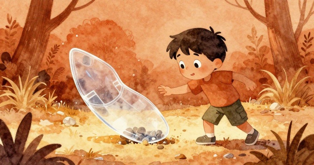 Cruz彎身注視飄浮在石上的透明塑料碎片,金光映襯下展現自然與人為痕跡,表情充滿好奇與反思。