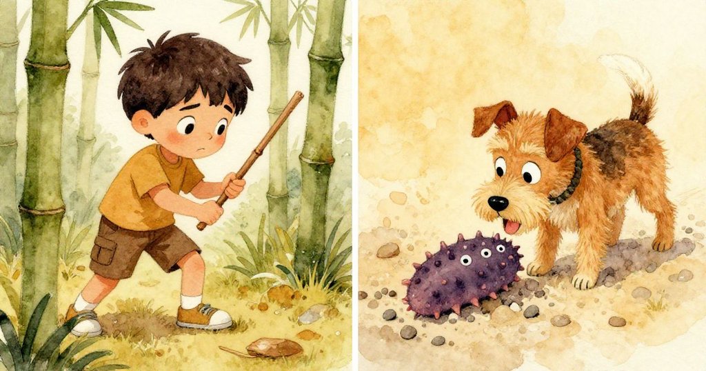 左側Cruz專心敲擊竹子,右側小狗興奮地嗅著絨毛海參,兩畫面呈現實驗與遊戲的交織溫暖樹林場景。