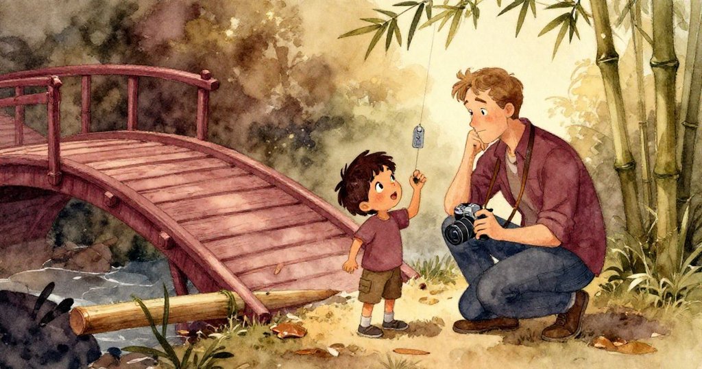 Nolan蹲下拍照,Cruz細心掛上新金屬牌,在樹林破舊竹橋上展現科學與藝術融合的美好瞬間。