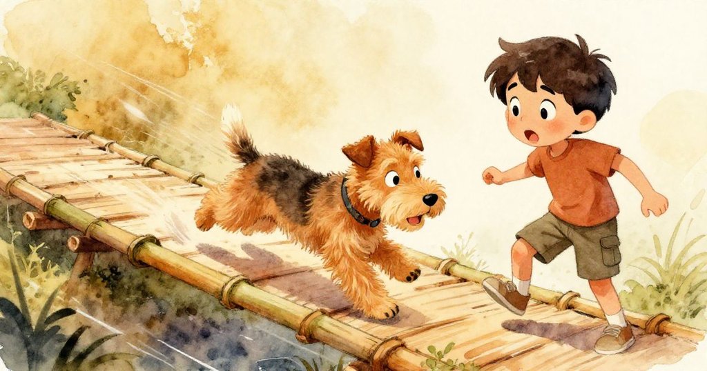 小狗在橋上躍動推動竹子,Cruz驚訝地注視,動態捕捉樹林中歡快追逐的瞬間。