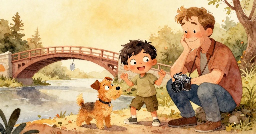 Cruz、Nolan與小狗在橋尾溫馨重聚,臉上洋溢著放鬆微笑,樹林背景散發金色溫暖和探險成功的喜悅。