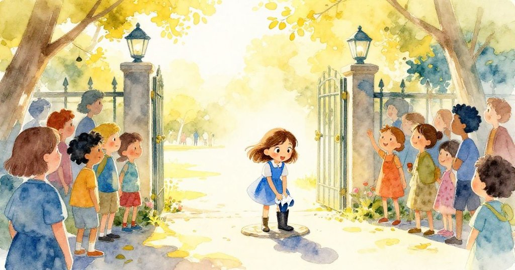 甘文在石頭上擦鞋,晨間公園隊伍等待,陽光普照中群眾表情好奇,情節剛開始。