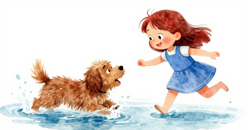 甘文與毛茸茸棕犬互動,犬隨水花飛濺,甘文微笑注視,展現故事的高潮轉折。