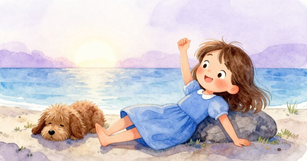 甘文在遠岸安坐休息,與慵懶的棕犬相伴,臉上露出平靜反思神情,故事圓滿結局。