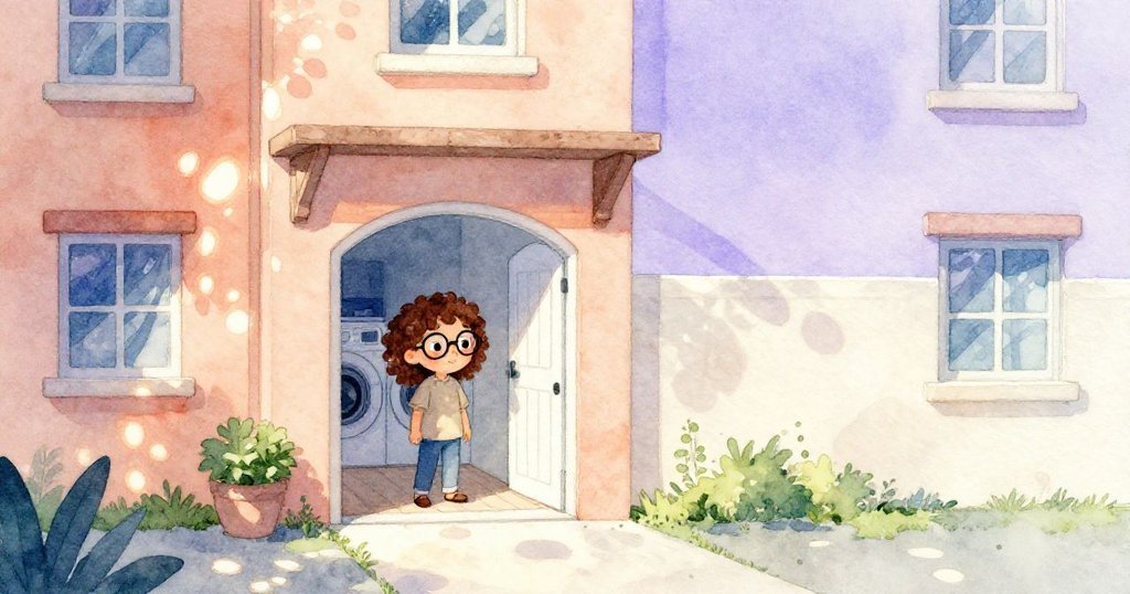 Ruby站在公寓外的洗衣房門口，溫暖夕陽灑在她臉上，略帶期待與輕鬆。