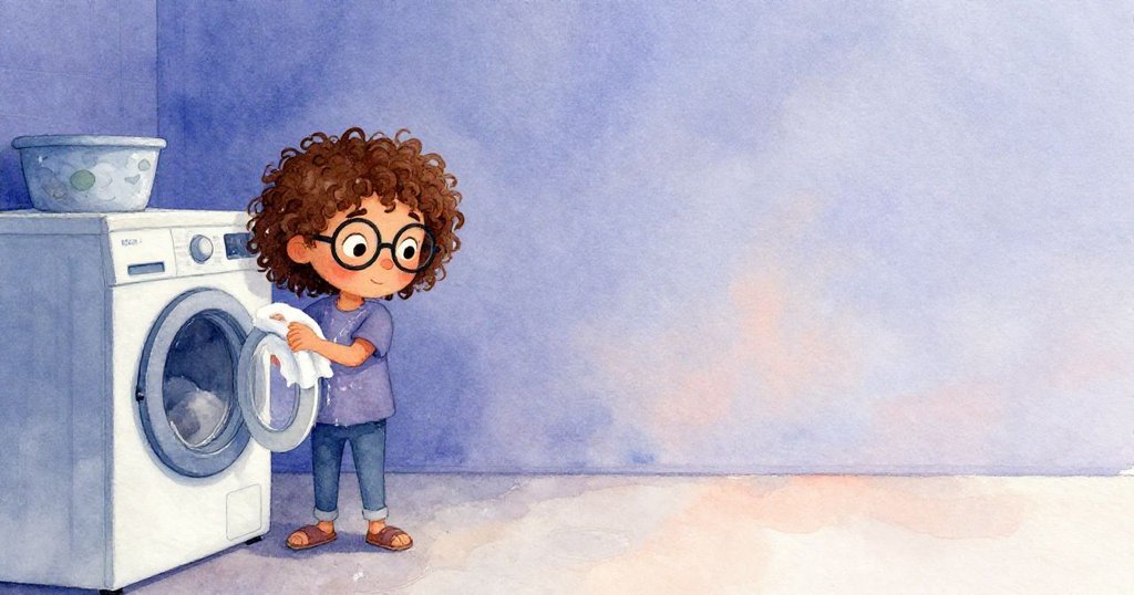 Ruby走入昏暗洗衣房，面對鎖著的洗衣機，神情略帶困惑和孤單。