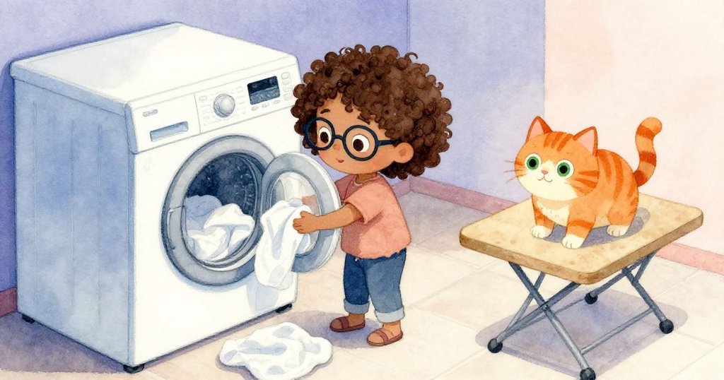 從上方俯視，Ruby在調整洗衣機負重，橘貓靜靜陪伴，場景充滿無奈。