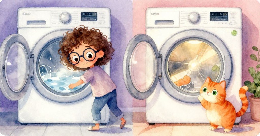 畫面左半邊為現實的故障洗衣機，右邊Ruby憶夢中完美循環，神情堅定。