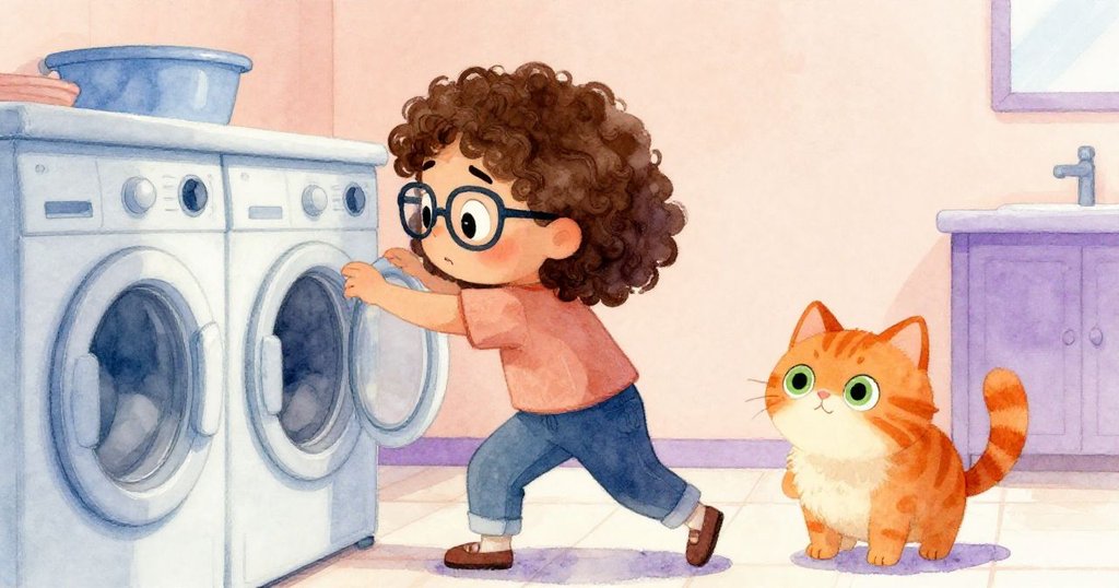 橘貓輕碰洗衣機按鈕，Ruby緊張注視，機器瞬間暫停，懸念彌漫。