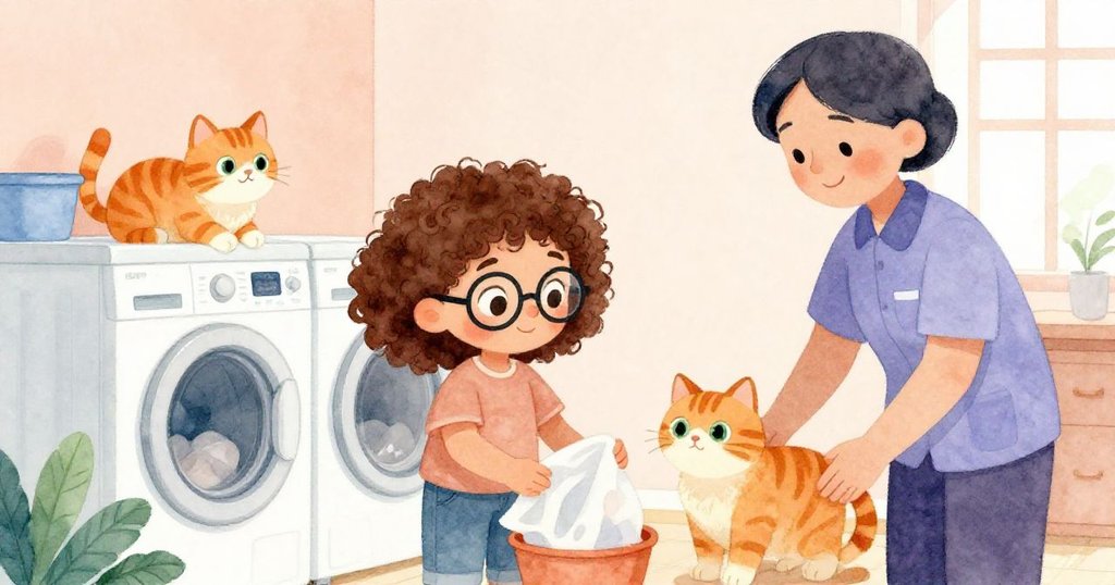 洗衣機恢復運轉，Ruby與看門人互助重聚，橘貓安然，氣氛溫馨平和。