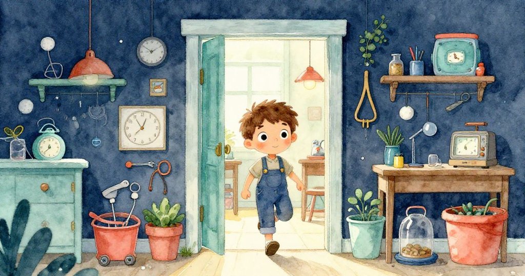 Jasper 穿越明亮寬敞的門口步入溫暖工坊，四周工具隱現，臉上滿是期待與專注，展現家庭創作氣氛。