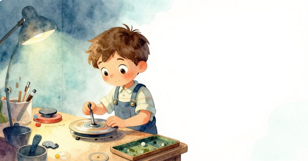 Jasper 在寬闊背景中專注檢視工坊工作台上旋轉光盤與精緻夾子，流露出專注與好奇的情緒。