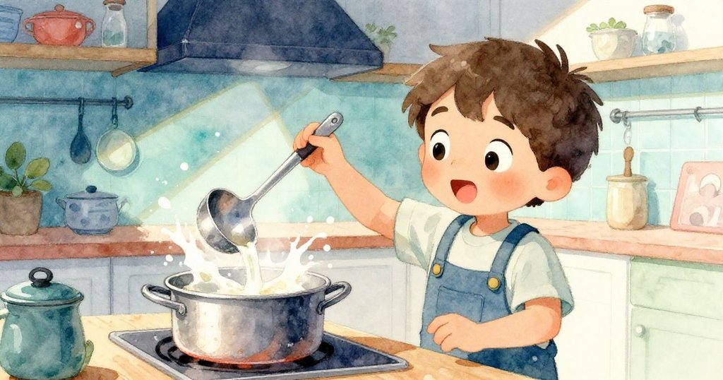 Jasper在明暗交錯的廚房中目睹金屬湯勺撞擊鍋邊，湯汁濺落瓷門，現場充滿緊迫與活力。