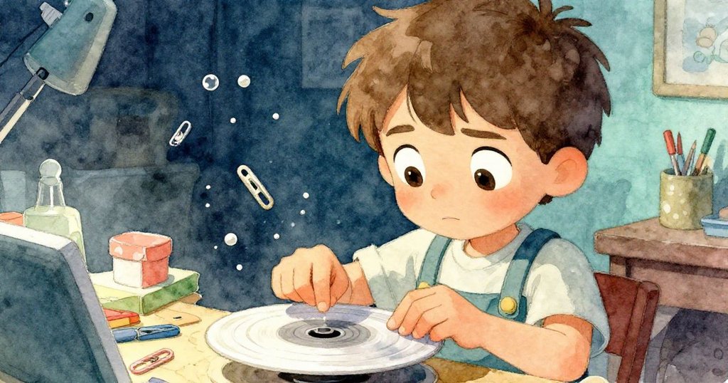 Jasper臉上展現掙扎與決心，緊握旋轉光盤邊緣，環境中散落零件突顯其內心衝突與專注。