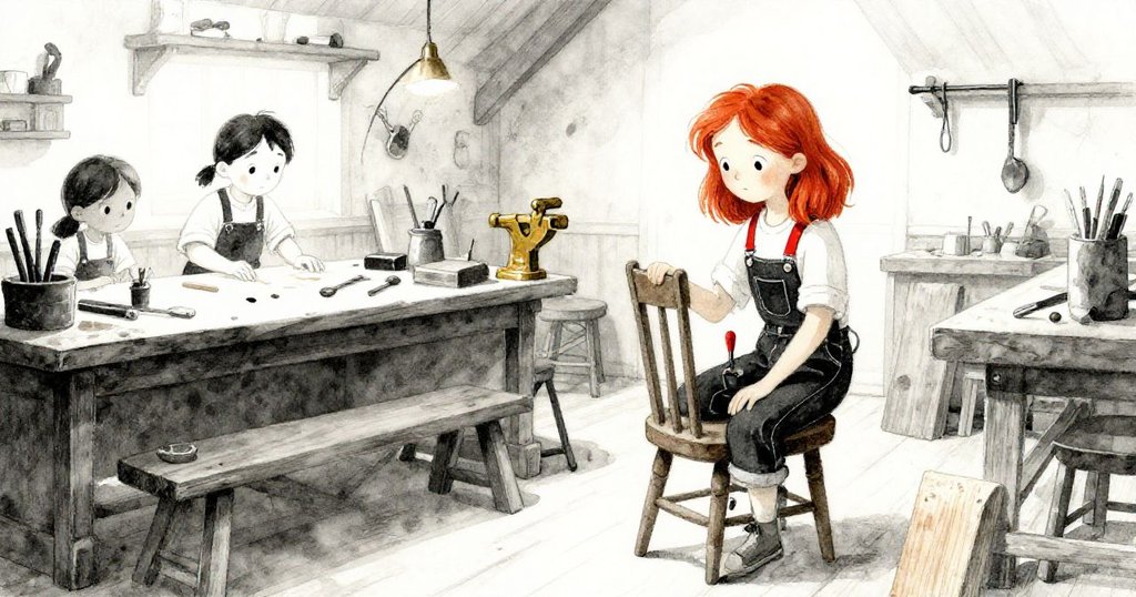 Tess動作活躍調整椅子在工坊，周圍散落工具與木塊，神情專注，工作環境熱鬧明亮