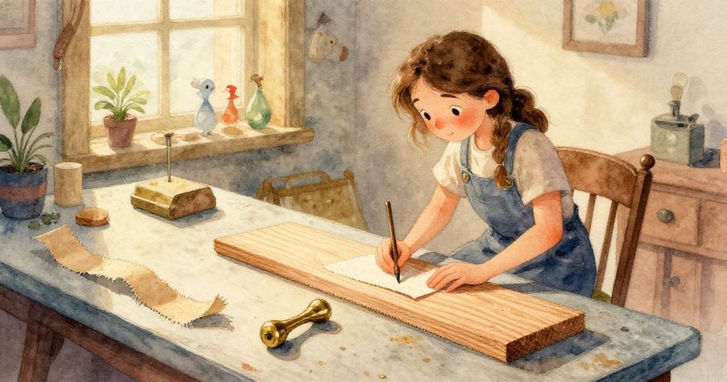 Tess專注聆聽打磨聲音，臉部特寫展現細膩情緒與紅色點綴，背景隱約見木紋