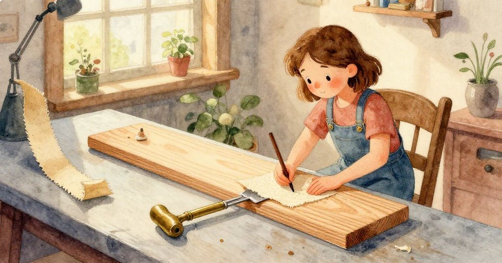 從Tess背後觀察她靈巧雙手折疊砂紙並按壓木塊，呈現豐富質感與工坊細節