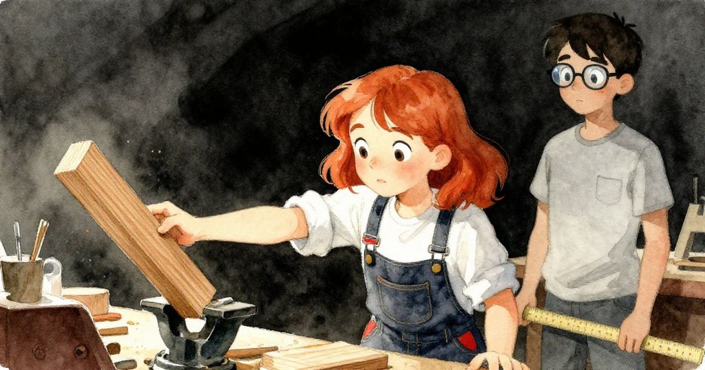 Tess急速伸手穩住滑動木塊，背景中Harris靜測新板，動作與緊張氛圍並存