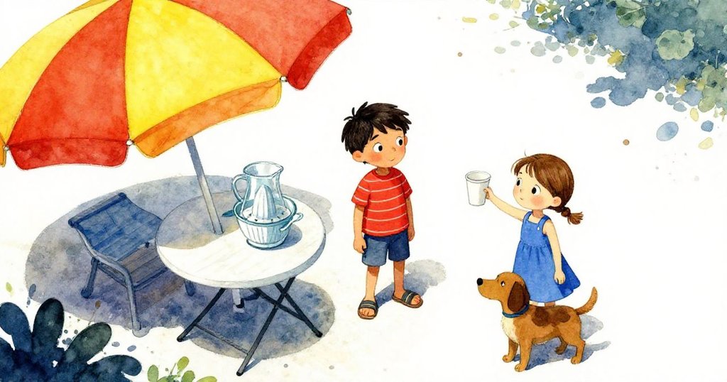 Emmet穩站於戶外桌旁, Elsa小心平衡紙杯, 狗在旁觀看, 桌上陳列水罐、手壓器及傘, 天光明亮, 敘事開端