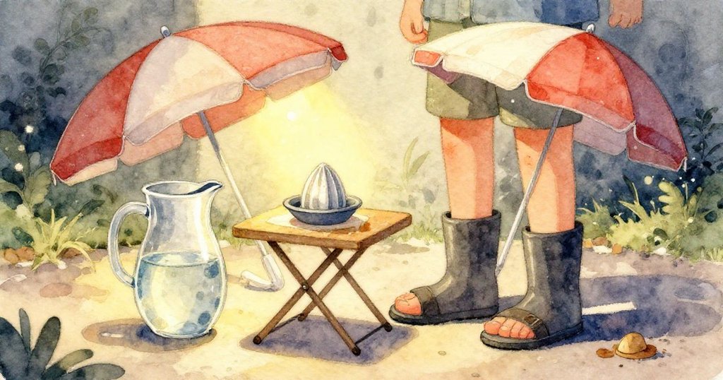 Emmet伸手拿木匙, 玻璃水罐凝露閃光, 紙牌上沾水細節明顯, 戶外近拍, 情緒專注, 敘事發展中