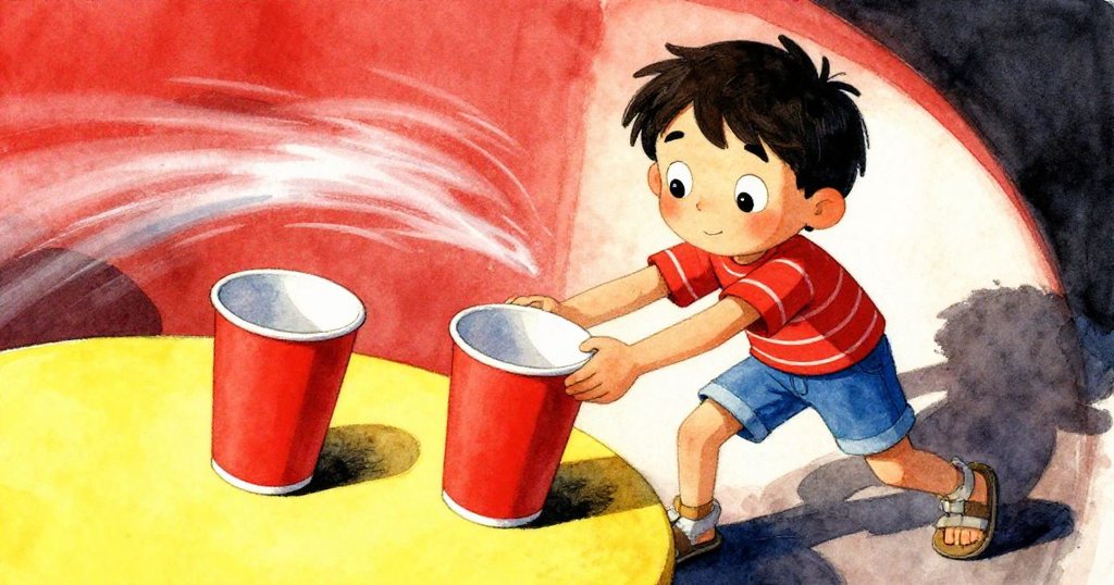 Emmet試圖調整搖動紙杯, 風使杯子旋轉擺動, 戶外桌面動態明顯, 表情堅毅, 敘事轉折中