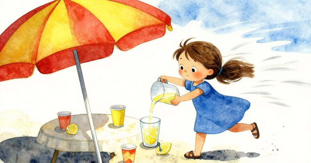 Elsa快倒檸檬水, 風推傘布與杯子輕移, 戶外場景忙碌明亮, 表情專注, 敘事進入高潮