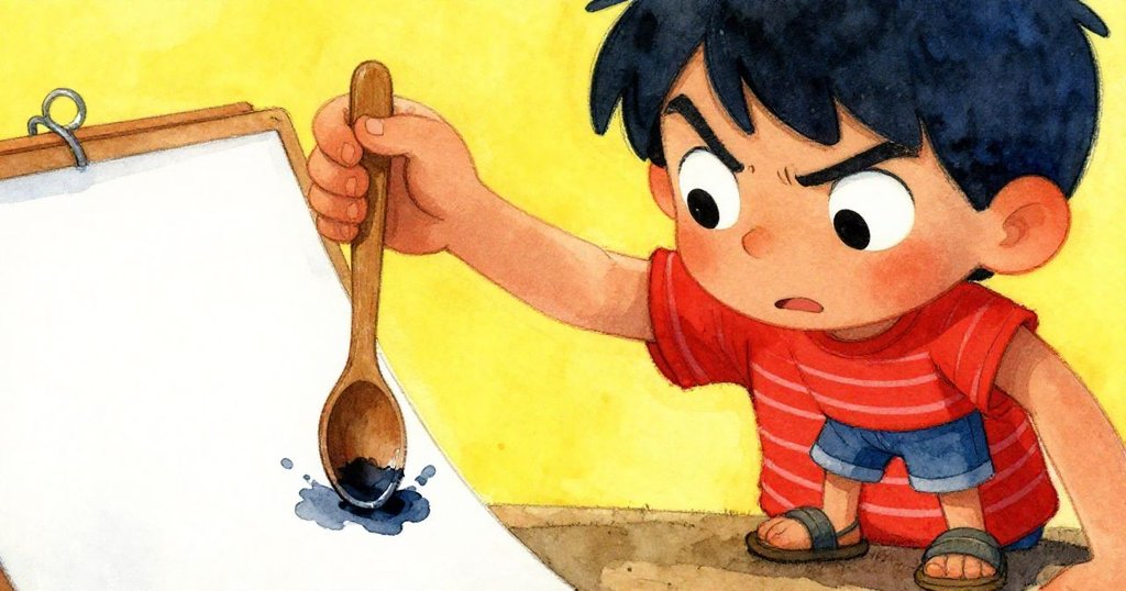 Emmet專注用木匙觸碰紙牌上藍灰墨跡, 眼神嚴肅帶鬆一刻, 細節明顯, 戶外高潮瞬間, 情感濃烈