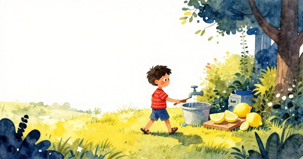 Emmet走向花園水龍頭沖洗木匙, 桌旁放置檸檬備料板, 戶外綠色草坪寧靜, 表情放鬆, 敘事結尾平和