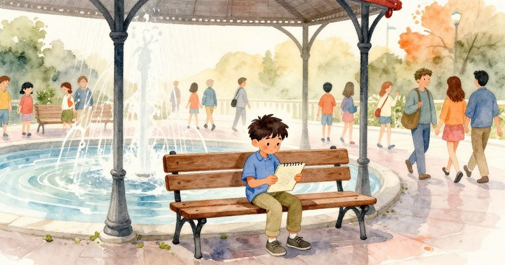 伊德里斯在噴泉旁乾椅上展開畫板，背景人潮穿梭，雨後濕潤環境充滿溫暖與活力