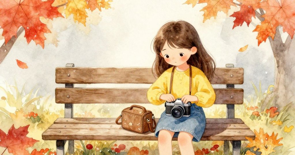 阿爾瑪在噴泉旁仔細打開相機袋檢查裝備，背景有伊德里斯與秋葉飄落，神情專注溫暖