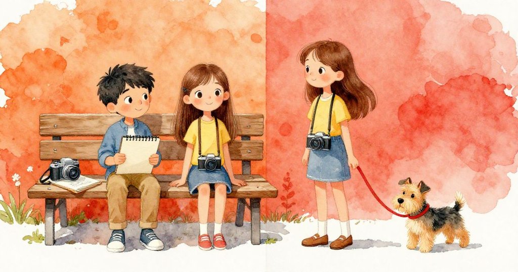 伊德里斯與阿爾瑪共享木椅，左右對照現實與夢幻創意畫面，小狗陪伴，呈現藝術與幻想共融的情境