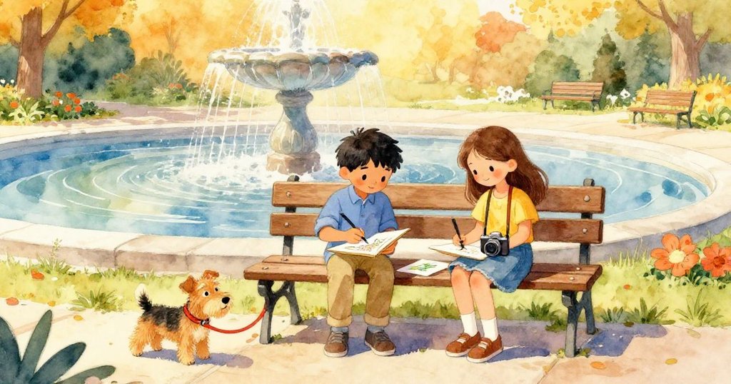 伊德里斯與阿爾瑪在恢復活力的噴泉旁和諧創作，小狗歡快穿梭，畫面寬闊呈現平靜與創意結合