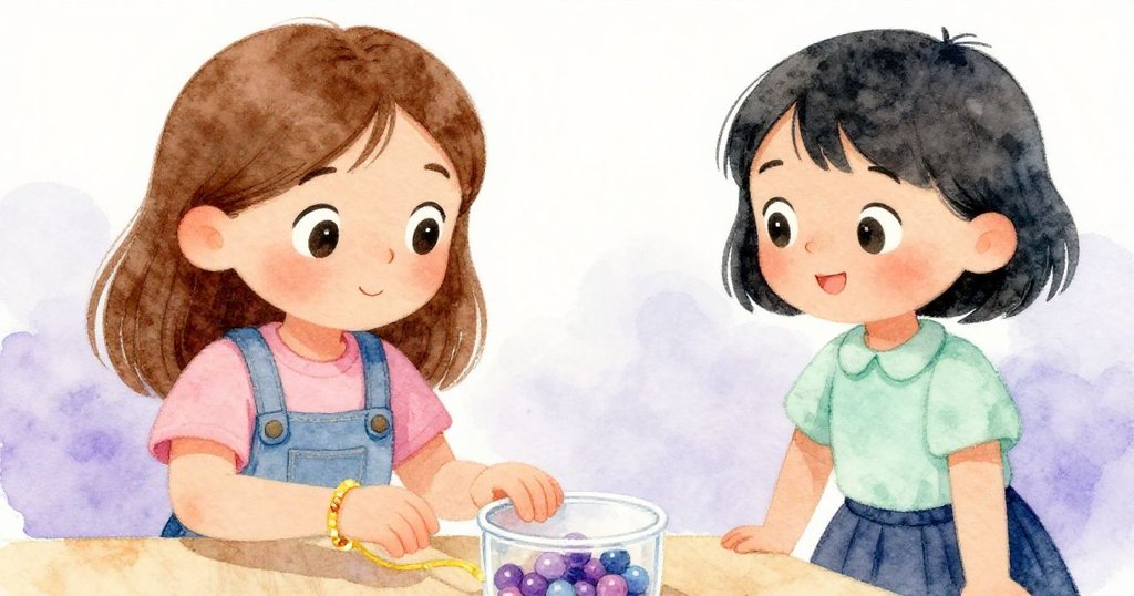 Eve輕推珠子容器發出沙沙聲,Ella仔細觀察彎曲的手鐲線,兩人專注合作,光線柔和溫暖。