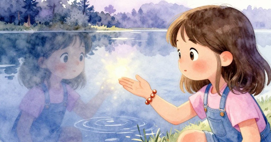 Ella在湖邊看著手鐲在水中的倒影,銅珠閃爍著金光,神情驚喜而靜謐,水面平靜美麗。