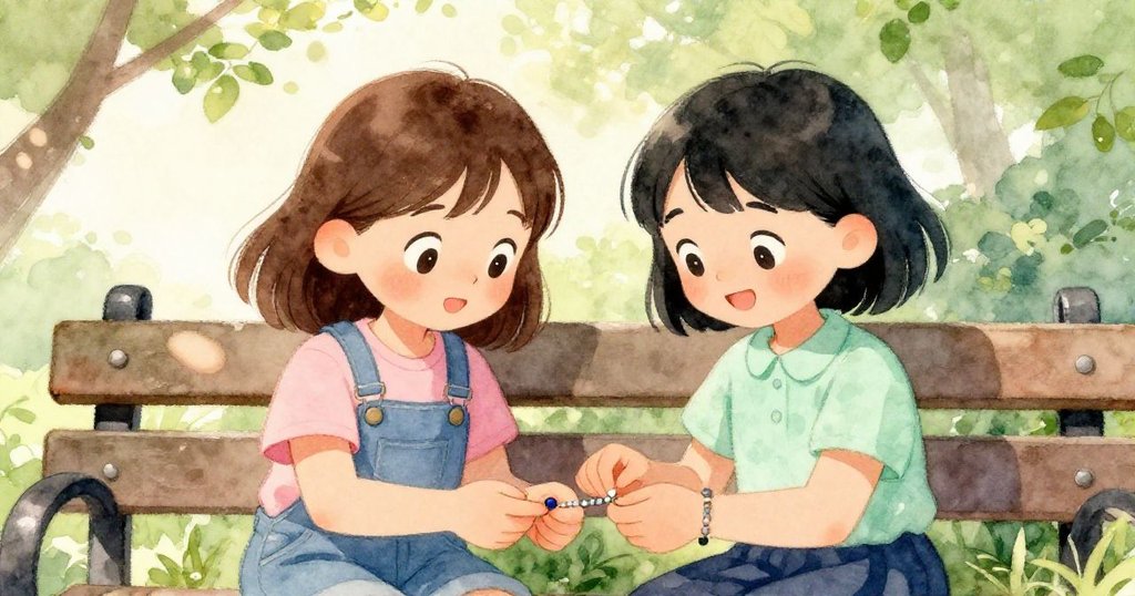 Ella與Eve齊心協力調整手鐲,手部協作細膩溫暖,臉上露出滿足笑容,背景綠意盎然。