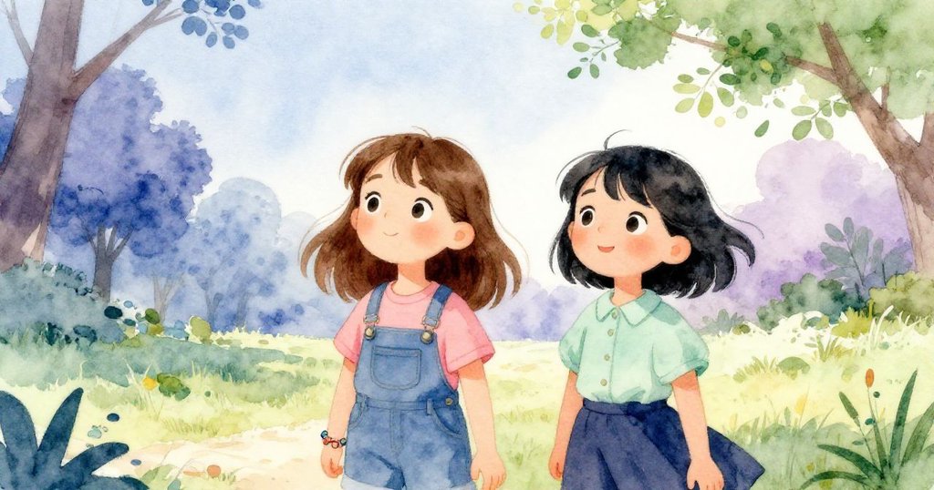 Ella與Eve完成手鐲後望向遠方,風中線頭輕舞,臉上充滿期待,開闊場景預示著新冒險開始。