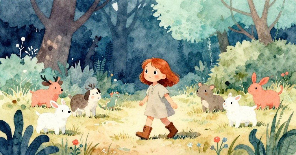 梅在陽光明媚的空地上前行，乾草輕觸腳踝，背景有森林小動物，充滿開始冒險的好奇與期待。