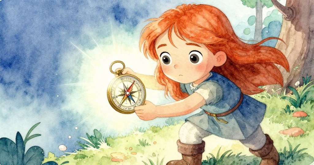 梅專注檢查發光的羅盤，臉上帶著堅定與好奇，近距離展現冒險初期的情感與細節。