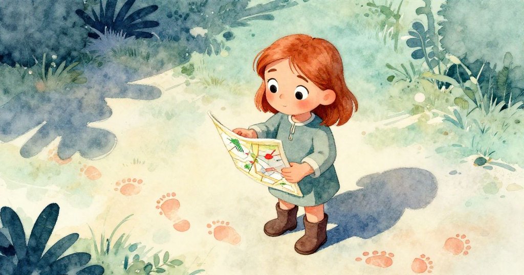 從高處俯瞰，梅靠近地面仔細檢查手繪地圖和足跡，展現出對冒險線索的專注與思索。