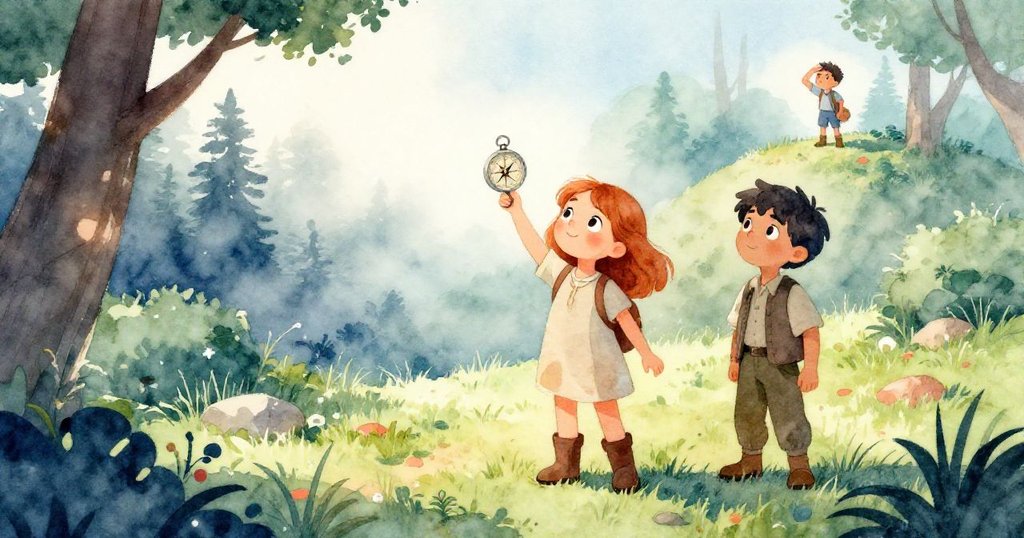 從樹枝高處眺望，梅舉著羅盤對準陽光，遠處格倫遮擋眼睛，背景曉霧與明亮空地呈現冒險繼續的氣氛。