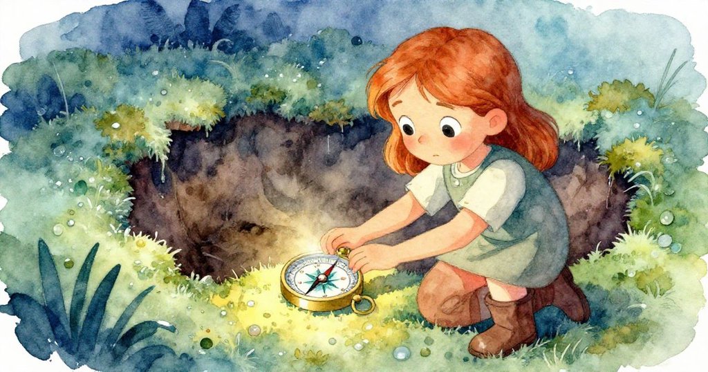 梅在濕潤苔蘚邊小心擦拭羅盤，冷暖氣流交錯中展現出專注與緊張的冒險高潮場面。