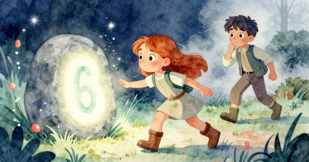 梅堅定走向發光的題石，背景中格倫透過滾落的卵石映現，充滿期待與重逢的冒險結局氛圍。