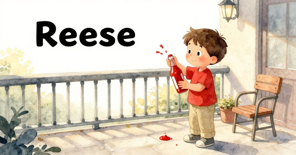 Reese在晨光中於露台邊扭轉番茄醬瓶蓋，專注動作映襯石桌與隱約椅子，開啟工作日。