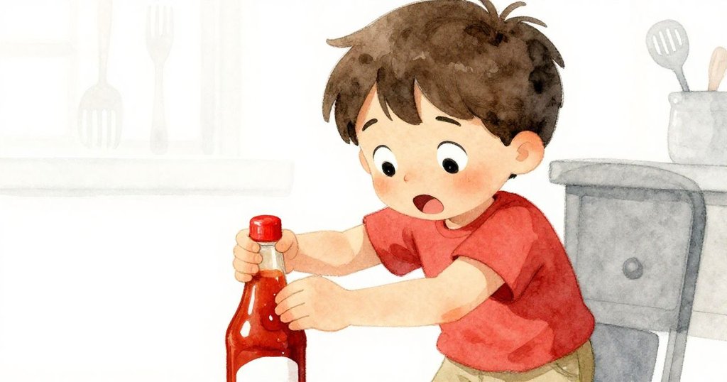 Reese濃眉微皺，專注面龐在操作黏稠醬瓶，瓶身微顫映出餐桌細節，情感流露驚訝。