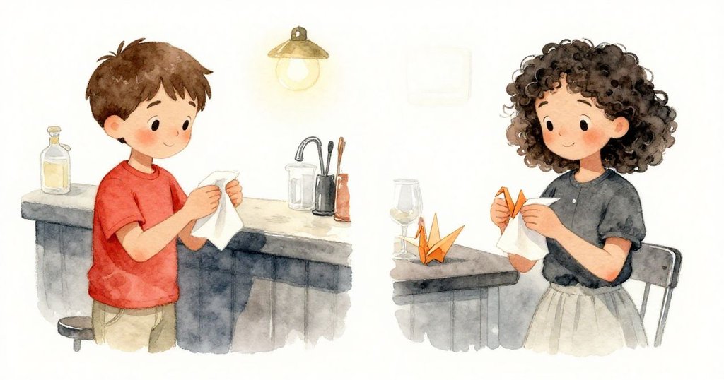 Reese與Joy在室內吧台共同摺疊紙鶴，Reese操作濕紙巾，Joy專心成形，溫馨合作展開新任務。