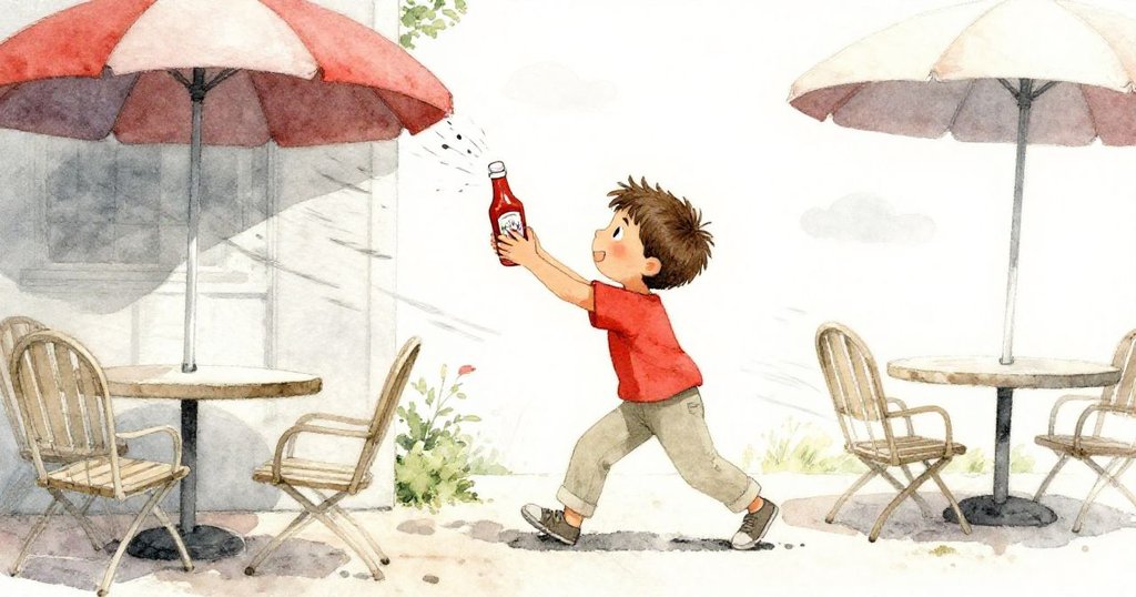 Reese站在露台邊捕捉滑動的醬瓶，強風搖動椅子與陽傘杆，戶外動感中展現堅定姿態。