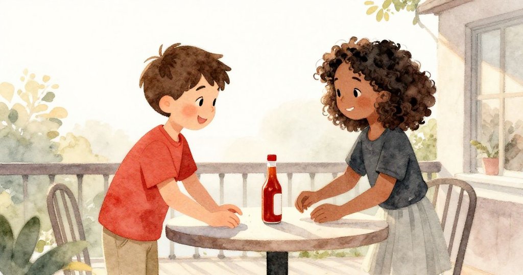 Reese和Joy在夕陽餘暉中整理餐桌，共享溫暖微笑，安全扣上的醬瓶與室外寧靜環境見證一天結束。