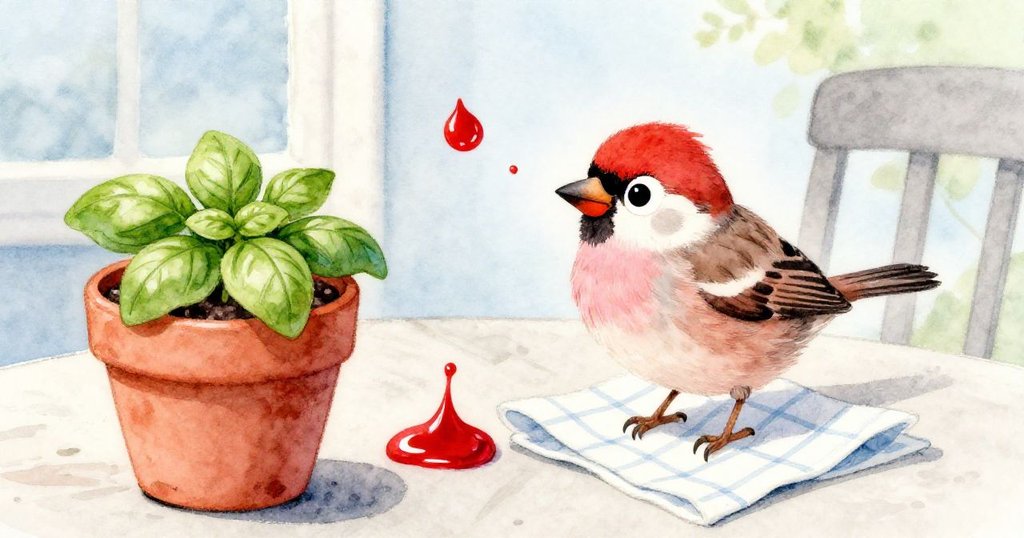 醬料滴落於羅勒盆上引來麻雀啄食,餐巾隨風飄揚,畫面分割呈現俏皮動感。