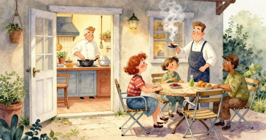 咖啡機蒸氣盤旋於廚房門前,輕推飄動餐巾,露台磁磚上呈現夢幻悠閒氛圍。