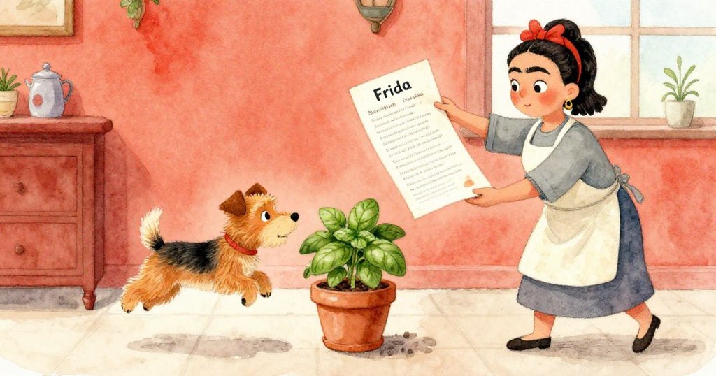 小狗奮力躍向羅勒盆,Frida迅速以甜點單隔開,動態場景中展現緊湊與機敏動作。